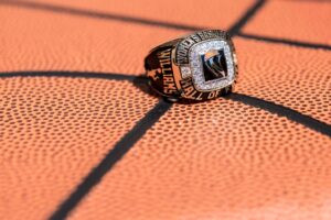 Nba championship ring on a basketball court.