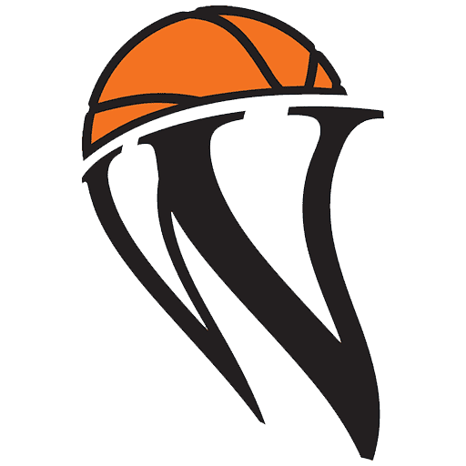A basketball logo with an orange ball and a black background.