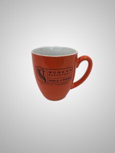 A red coffee mug with a logo on it.