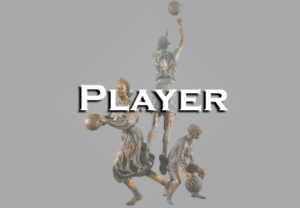 A bronze statue of a player with the words player on it.