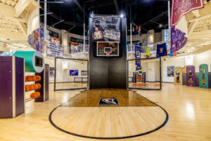 A basketball court with a basketball hoop in the middle.