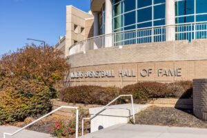 A building with a sign that says basketball hall of fame.